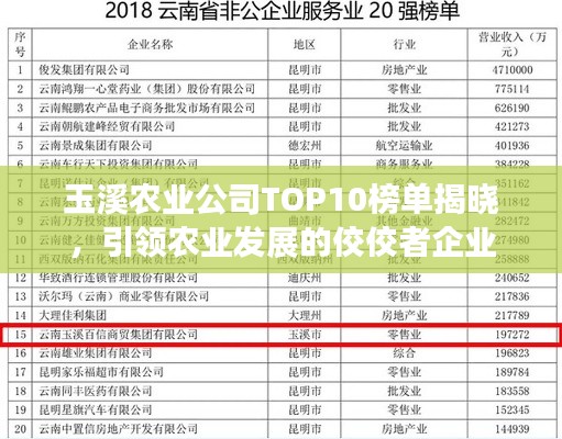 玉溪農(nóng)業(yè)公司TOP10榜單揭曉，引領(lǐng)農(nóng)業(yè)發(fā)展的佼佼者企業(yè)
